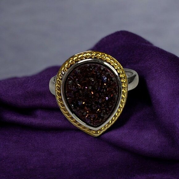 Silver Teardrop Purple Druzy Gemstone Women's Ring Size 6 - Picture 1 of 9